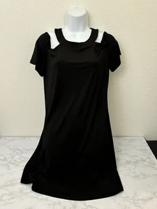 Women’s Strappy T Shirt Dress Sz L Black LBD Short Sleeve Cold Shoulder V - Picture 1 of 4