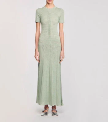 Women Sandro Round Neck Knit Short Sleeve Shirt Midi Dress silm knitted grace - Image 1 of 4