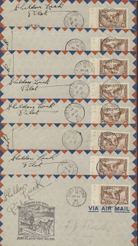 1937 AAMC #3701 Set of 8 Ft St John - Ft Nelson - Gold Bar Flights, Pilot Signed Cover