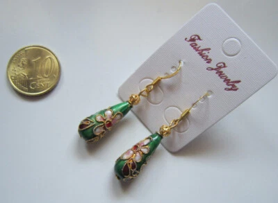 Pendientes lágrima cloisonné 43 mmm y filigrana verde baño dorado bisutería 151 - Imagen 1 de 3