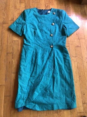 Vestido Vaina Vintage Años 90 Laldi Brocado Lino Verde Azulado con Botones Perla Imitación Foto 1 de 4