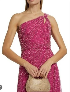 Vestido Theia Talla 4 Adornado con Perlas Un Hombro Fucsia Cuentas Nuevo con Etiquetas - Imagen 1 de 9
