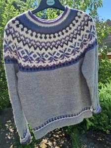 Scottish Hand Knitted Wool And Alpaca grey blue Icelandic Jumper M 36 inch - Picture 1 of 4