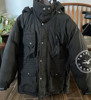 Triple F.A.T. Goose Down Filled Puffer Jacket Coat Vtg. Mid Length Sz L Black - Image 1 of 4