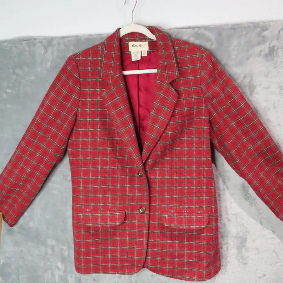 Blazer vintage Eddie Bauer para mujer mediano alto rojo a cuadros chaqueta de lana bolsillos años 90 Foto 1 de 4
