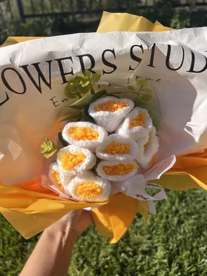 Handmade Crochet Flower Bouquet Yellow White Gift Set w/ Light & Bag - Image 1 of 4