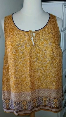 J Jill 2X Paisley Boho Sleeveless Lightweight Tie w/Wood Beads Top Gold Purple  - Image 1 of 4