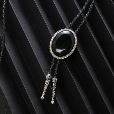 Натуральный черный агат Bolo галстук мужской свадебное ожерелье Western ковбой винтажный подарок - Изображение 1 из 4