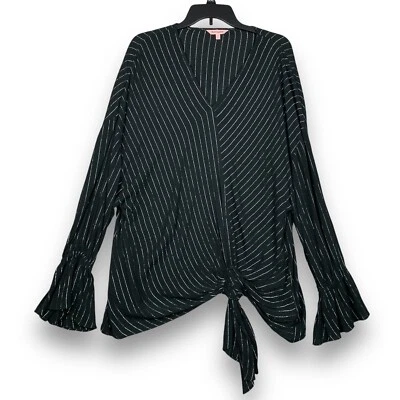 Juicy Couture Top Womens XXL Black Silver V-Neck Blouse Striped Bell Sleeve 2XL - Image 1 of 4