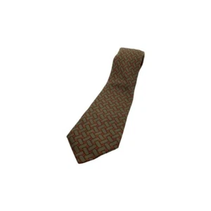 HERMES Neck tie Silk Brown Green Logo japan seller N0118 25 Made in France - Picture 1 of 4