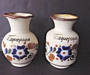 Pair Vintage Mexican Tonala Tlaquepaque Pottery Glazed Floral 5-1/2" Tall Vases - Picture 1 of 5