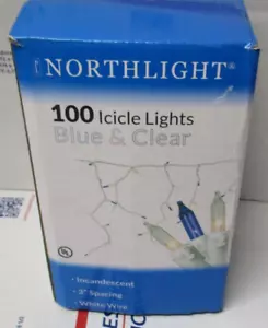 NEW NORTHLIGHT 100 MINI ICICLE LIGHTS BLUE & CLEAR BULBS & WHITE WIRE 5.75' LONG - Picture 1 of 3