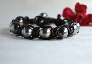 UNISEX Tahitian Pearls Bracelet Greek Leather Bracelet Elegant Pearls Jewelry - Picture 1 of 9