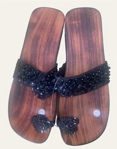 Sandals Wooden Sole w Black Sequin Strap Slip On Comfortable NEW Size Large - Picture 1 of 6