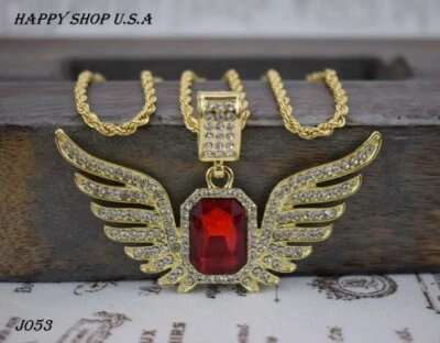Happy Shop Hiphop Fashion Big Angel Wings Diamond Ruby Pendant Necklace 30 Chain - Image 1 of 4