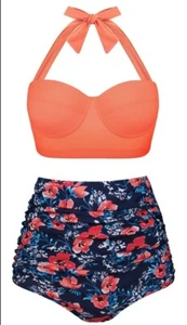 Angerella Women's XXL Slimming High Waisted Two Piece Bathing Suit Orange Navy - Picture 1 of 7
