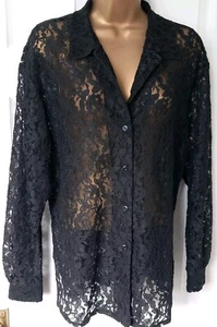 Damen Spitze Bluse Top schwarz Langarm Knopfleiste Kragen Größe Medium 14 NEU  - Bild 1 von 9