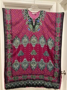 Beautiful Sante Boho Kaftan Dress Reddish Purple & Green One Size Glitter - Picture 1 of 11
