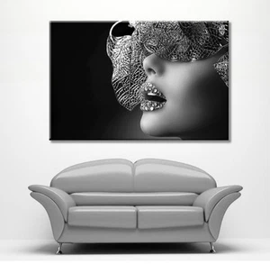 LARGE FRAMED CANVAS WALL ART FANTASY MASK LIPS GIRL PICTURE STUNNING NEW PRINT - Picture 1 of 2