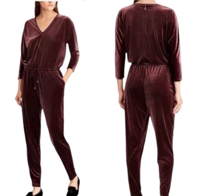 Lauren Ralph Lauren Plum Burgundy Velvet Waist Tie V-Neck Tapered Jumpsuit SZ XS - Image 1 of 4