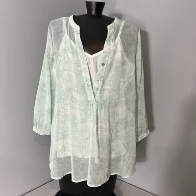 Hope Springs 2-Piece Top Womens XL Sheer Green White Foliage/White Camisole READ Foto 1 de 4