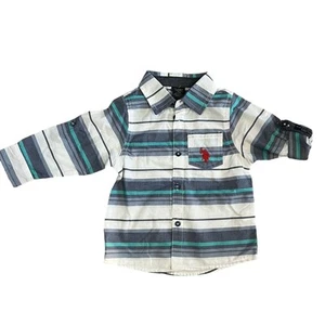 US Polo Assn Boys Size 18 mo Striped Button Up Long Sleeve Blue White Preppy - Picture 1 of 10