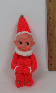 VTG 1950s 60s RED CROCHETED KNEE HUGGER PIXIE ELF CELLULOID HEAD 7" SITTING - Picture 1 of 23