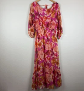 Lara G Floral Midi Dress Large Pink Silk Blend Made in Italy Colorful Bohemian - Picture 1 of 10