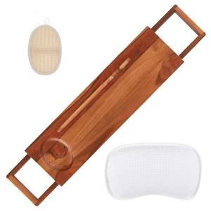 Spa Gift Set Adjustable Teak Bath Tub Tray w Soap Holder, Scrubber & Bath Pillow - Picture 1 of 5