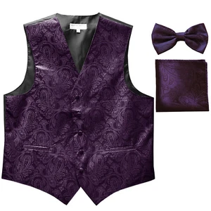 New Men's paisley slim fit Tuxedo Vest Waistcoat_Bowtie & Hankie dark purple - Picture 1 of 6