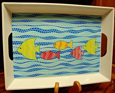Serving Tray-Yellow+ Red Fish Blue Water Double Handled Platter 15"x11"x1.5" 329 - Image 1 of 4