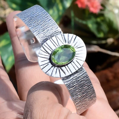 Peridot Gemstone Bracelet 925 Sterling Silver Handmade Cuff Man's Gifted Bangle - Image 1 of 4
