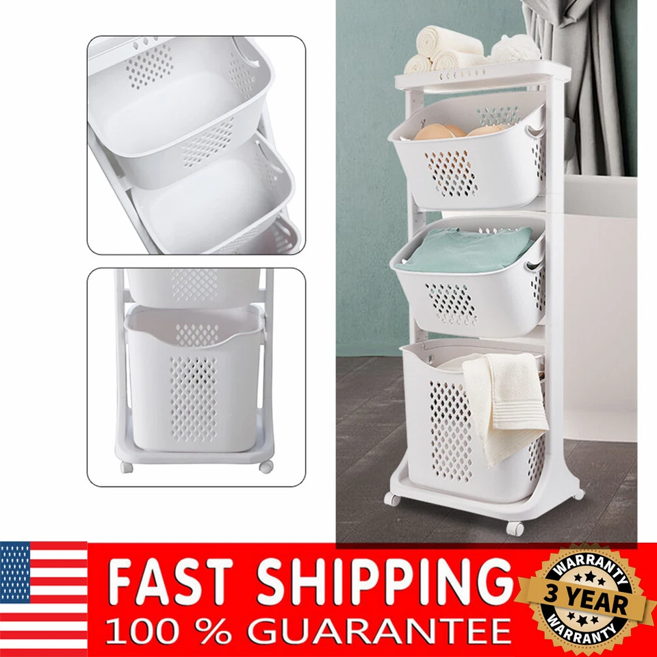 3 Tier Laundry Hamper Basket Sorter Clothes Storage Organizer Shelf Rolling Cart - Image 1 of 4