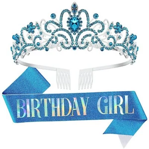 Birthday Girl Birthday Queen Sash & Rhinestone Tiara Set Tiara Crown Adult Girl - Picture 1 of 21