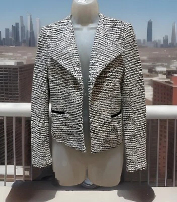 LOFT Cream Black Long Sleeve Open Front Cotton Blend Blazer- PS - Image 1 of 4