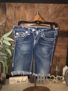 Pantalones cortos de jean True Religion para mujer 27 puños enrollados elásticos - Imagen 1 de 10
