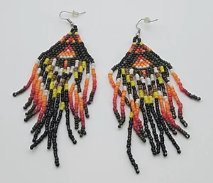 Multicolor Seed Bead Macrame Tassel Earrings 4" Silver Tone French Wire Tribal - Picture 1 of 7
