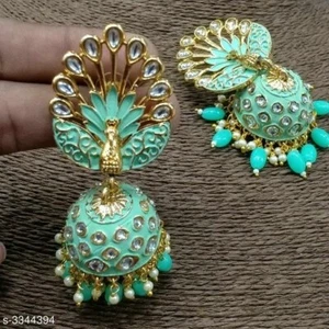 Ethnic Indian Peacock Meenakari Jhumka Earrings/Sea Green Pearl Jhumka Earrings - Picture 1 of 12