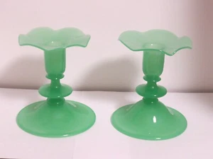 CARDER STEUBEN GREEN JADE CANDLESTICKS, #6637, 5" TALL, ROLLED FINISH TO BOTTOM - Picture 1 of 4