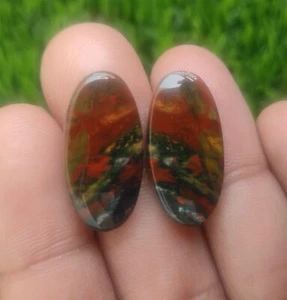 Natural Blood Stone 28.00 Cts Oval Semiprecious Cabochon Pair 25X12X4.5 MM - Picture 1 of 6