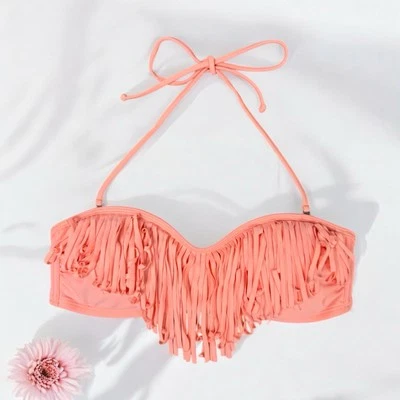 Top halter de bikini con flecos coral festival trajes de baño ropa de playa Hollister vacaciones S Foto 1 de 4