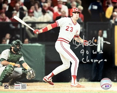 Hal Morris Signed Autographed Cincinnati Reds 8x10 Photo 90 WS Champs TRISTAR - Image 1 of 2