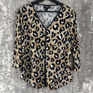 Liz Claiborne Petite Size LP Cheetah Print V Neck Top Brown Long Sleeve Stretch - Picture 1 of 6