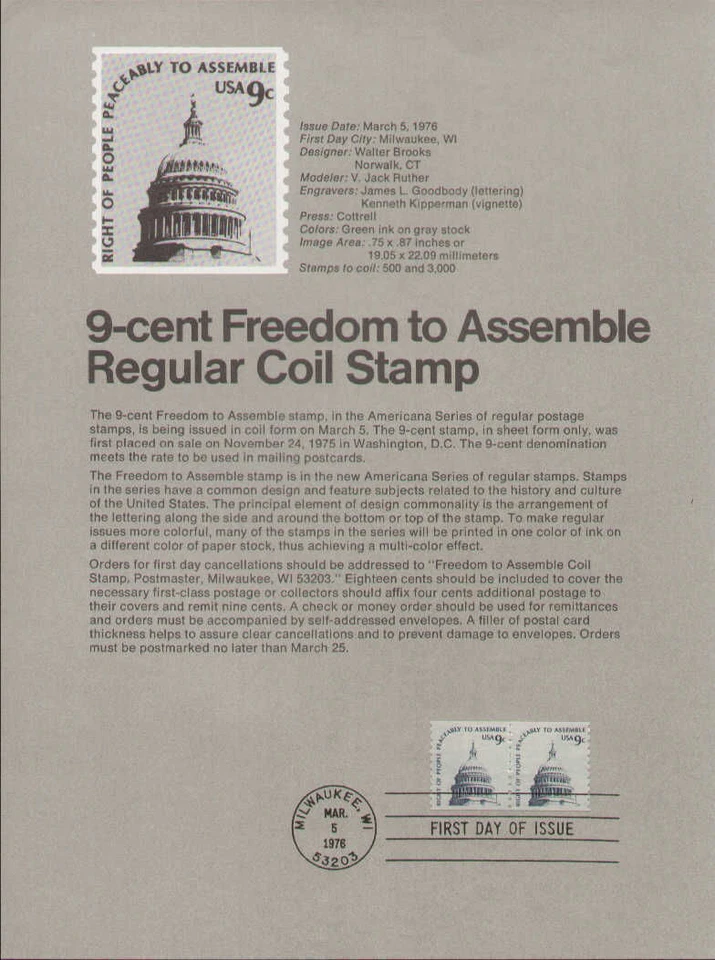 FDC stamp # 1616  9 cent Freedom to Assemble March 5, 1976 USPS Souvenir Page - Image 1 of 1