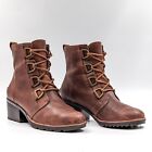 Sorel Women Cate Lace Brown Leather Waterproof Chunky Round Boots Sz 10