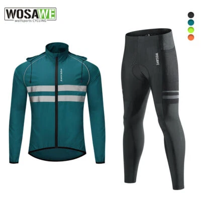 WOSAWE Men's Windproof Cycling Jacket Long Sleeve Hoodie 3D Padding Bike Pants - Image 1 of 4