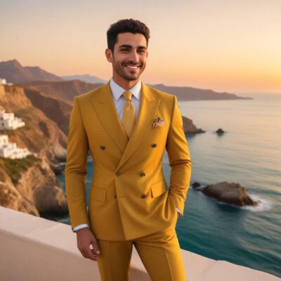 Men Mustard Suit 2 Piece Party Wear Double Breasted Dinner Suit Foto 1 de 4