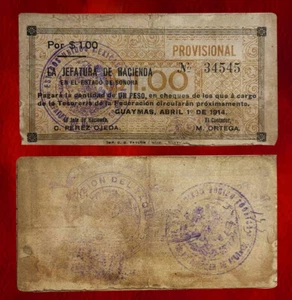 1914 MÉXICO 1 PESO BANKNOTE ESTADO DE SONORA PROVISIONAL REVOLUCION - Picture 1 of 3