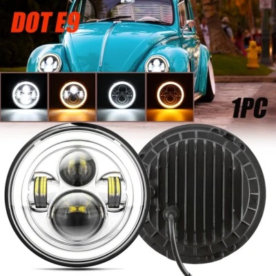 DOT Round Headlight 7 inch Chrome LED H4 Turn Signal DRL For VW Beetle Classic - Image 1 of 4