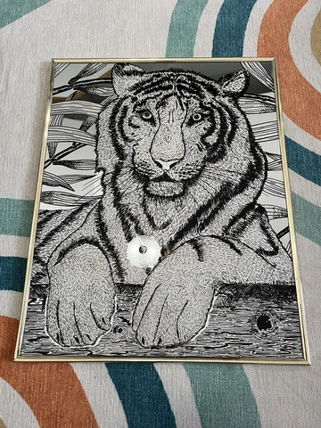 Vintage Postmodern Black & Gold Tone Majestic Tiger Hanging Wall Mirror Artwork Cover